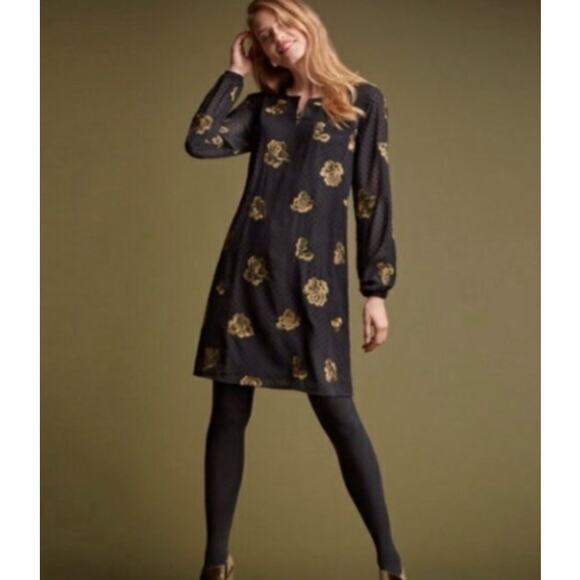 CAbi Dresses & Skirts - Cabi Occasion Dress Black Swiss Dot Gold Embroidery Long Sleeve Size Medium